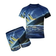 Boys Titanic Rash Guard Set 2 Piece Swimsuits Short Sleeve Bathing Suits with Trunks